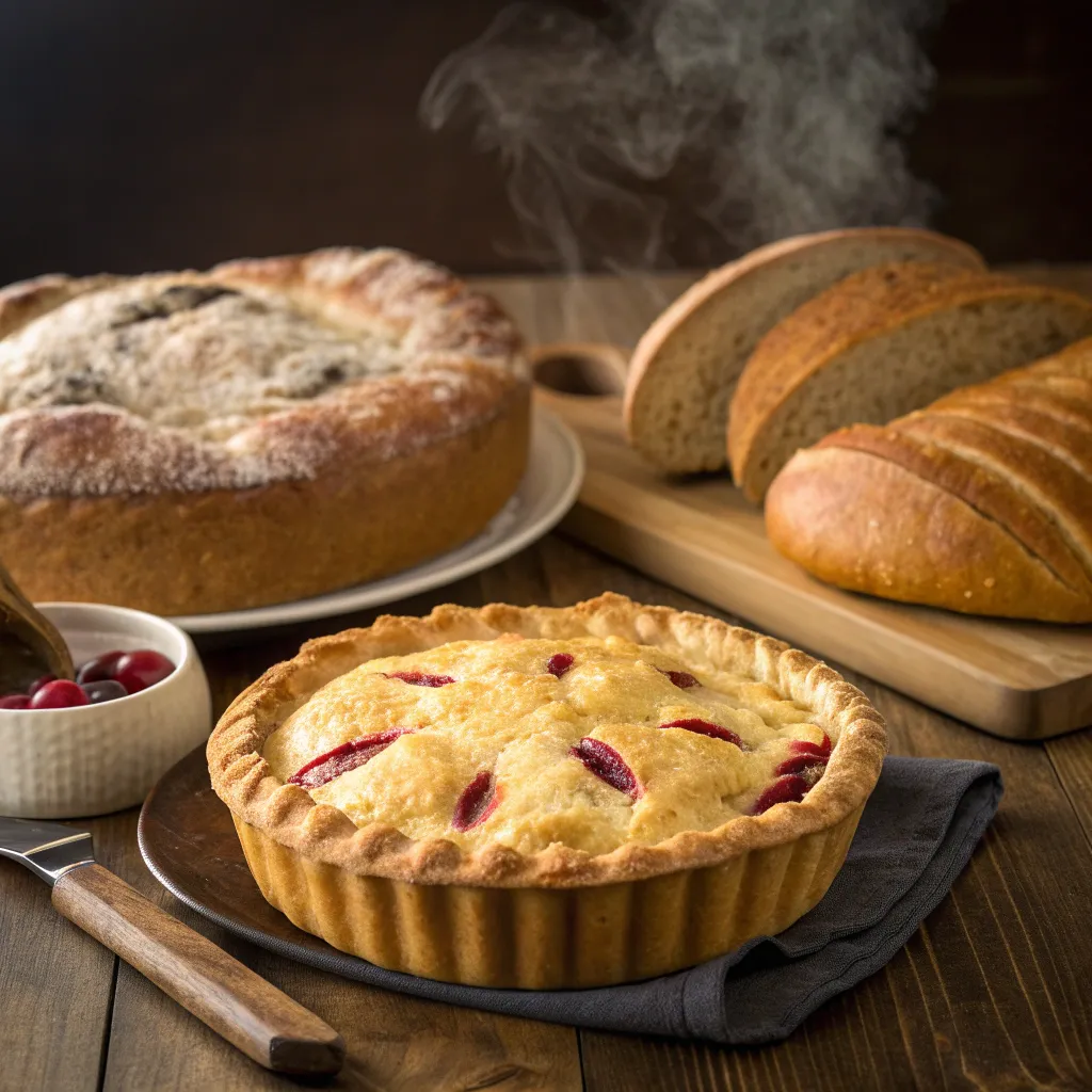 Freshly baked pie and bread on a wood table